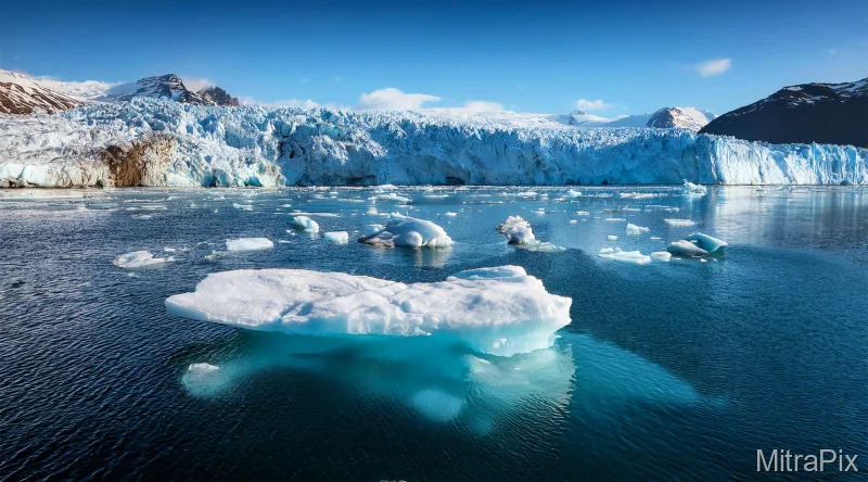 A melting glacier with cracked ice floating in the ocean, symbolizing climate change
